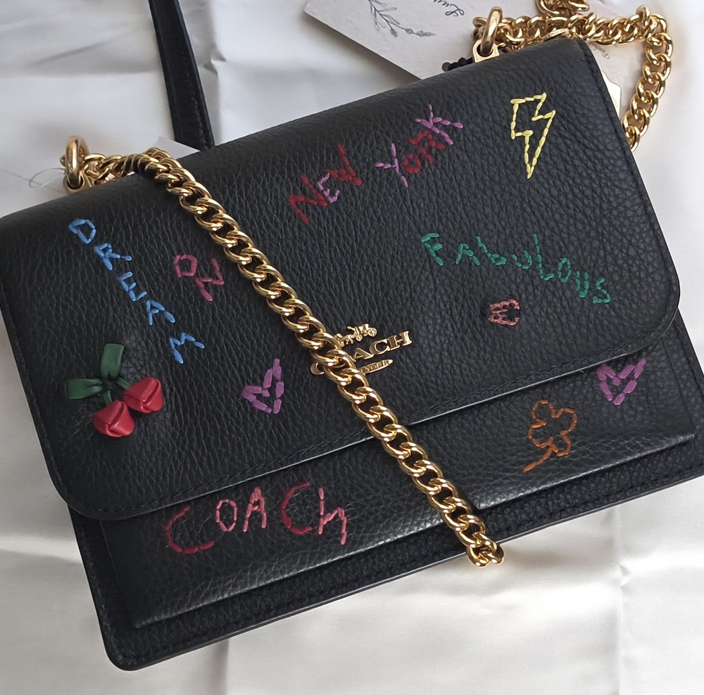 NWT COACH Klare Black Leather Crossbody Bag Embroidery Gold Hardware Medium Size